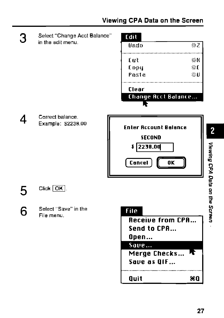 Clear, Receiue from cpr... send to cpr... open, Saue | Merge checks... ^ saue as qif, Quit, Viewing cpa data on the screen, Merge checks... ^ saue as qif... quit | Panasonic KX-RC22 User Manual | Page 27 / 48