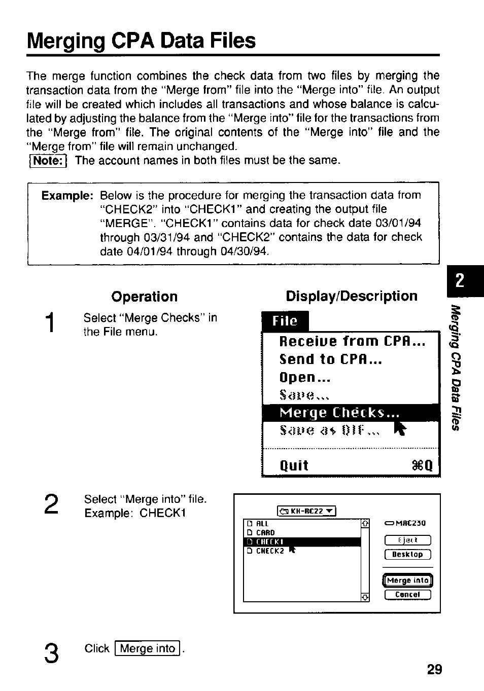 Merging cpa data files, Operation, Display/description | Receiue from cph.. send to cpr... open, Merge checks, Quit | Panasonic KX-RC22 User Manual | Page 29 / 48