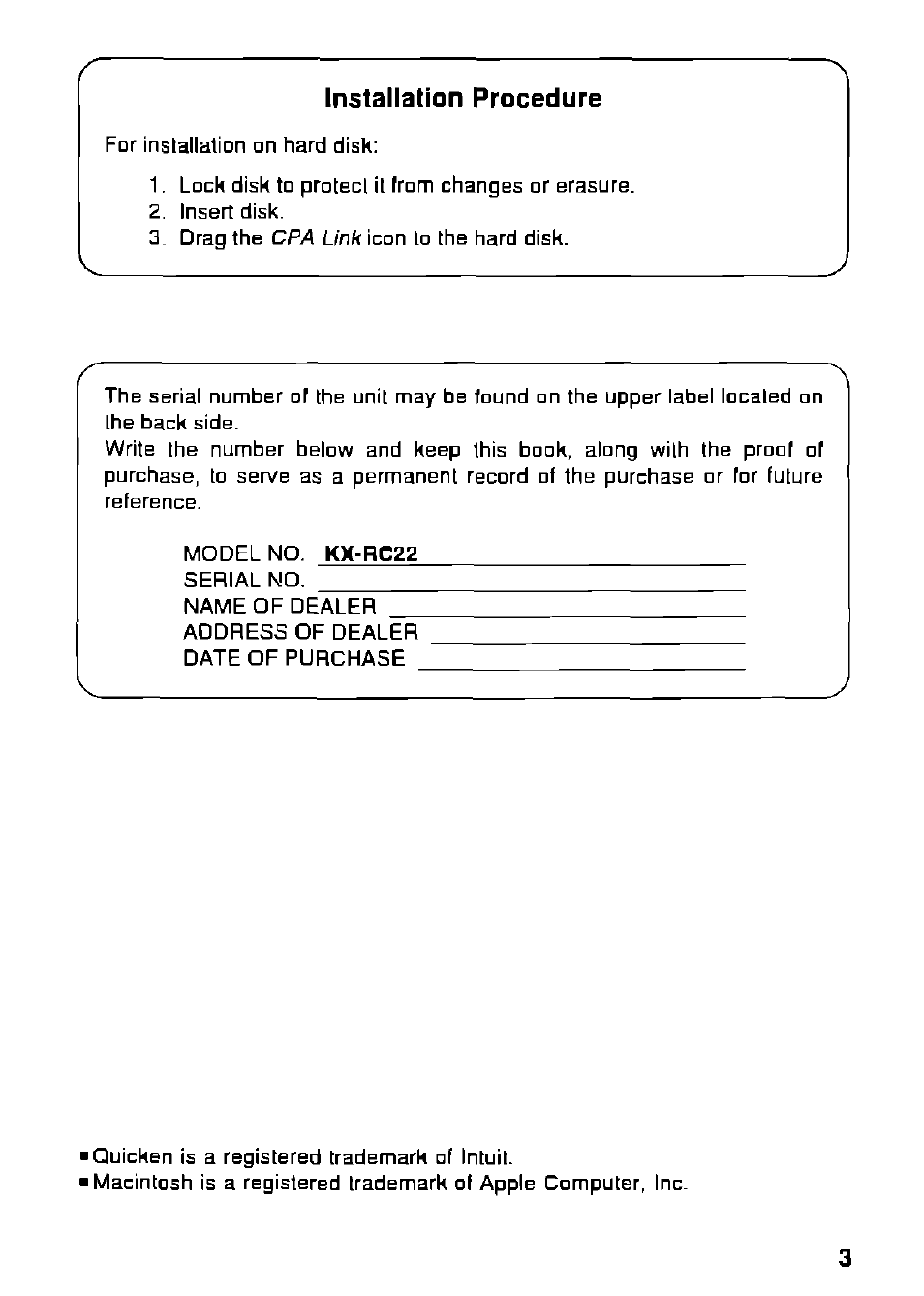 Installation procedure | Panasonic KX-RC22 User Manual | Page 3 / 48