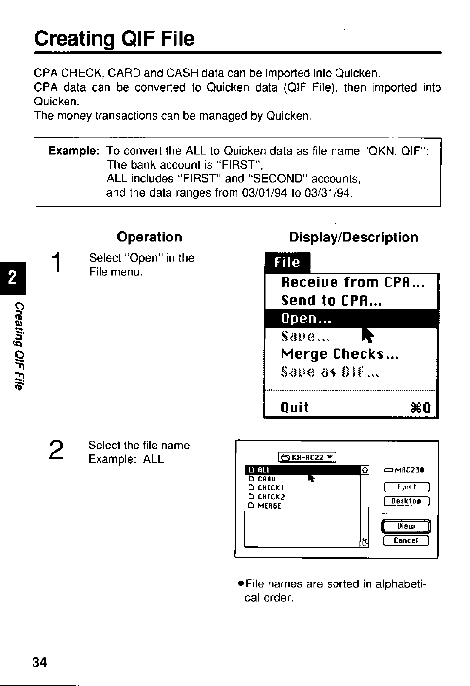 Creating qif file, Operation, Disptay/description | Receiue from cpfl.. send to cpr, Open, Merge checks, Quit | Panasonic KX-RC22 User Manual | Page 34 / 48