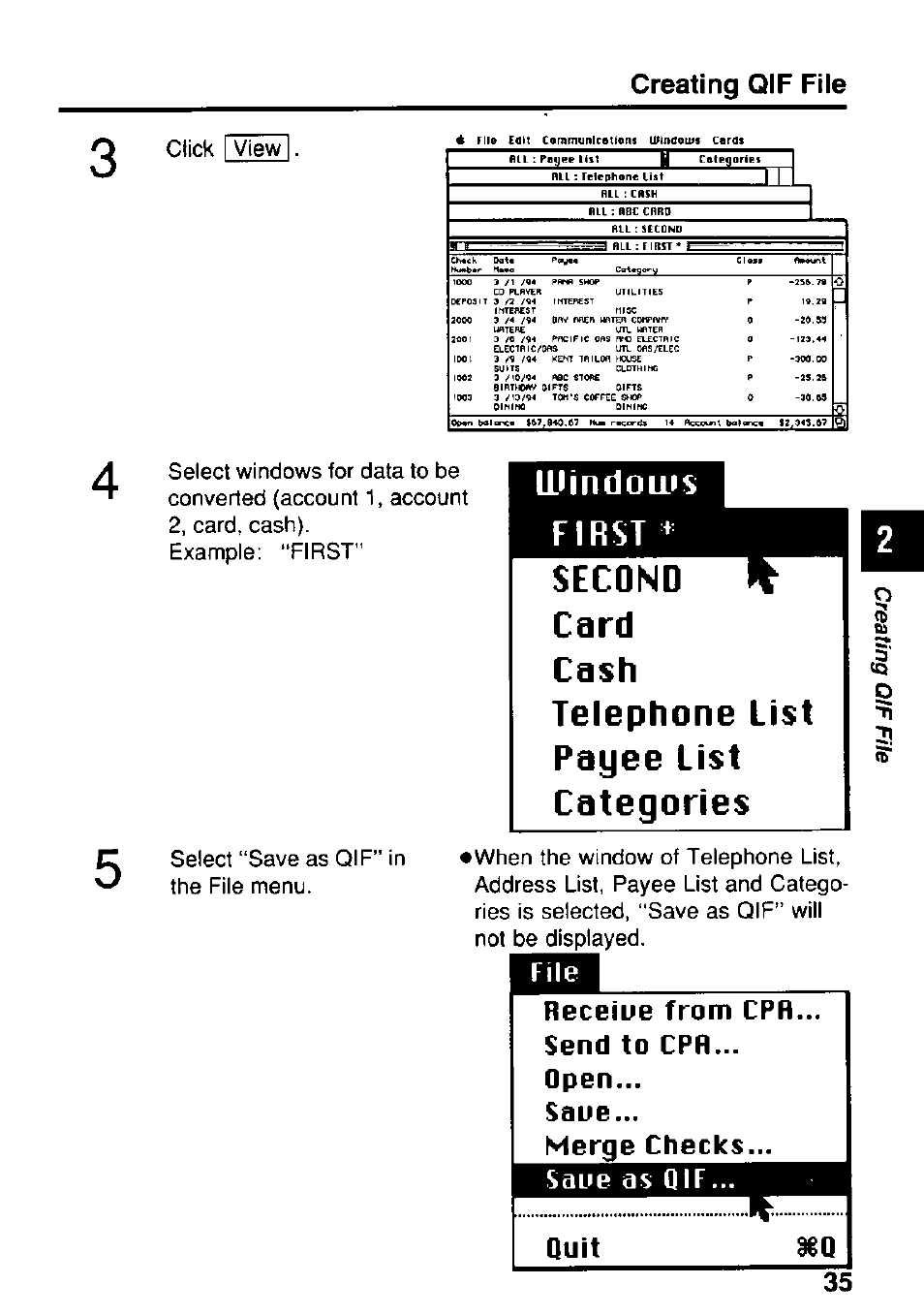 Ilmndouis first, Second pt, Card | Cash, Telephone list payee list categories, Receiue from cpr... send to cpr... open, Saue, Merge checks, Saue as qif, Quit | Panasonic KX-RC22 User Manual | Page 35 / 48
