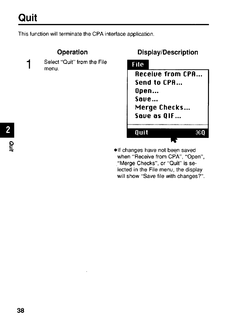 Quit, Operation, Display/description | Receiue from cpr.. send to cpr... open, Saue, Merge checks... saue as qif | Panasonic KX-RC22 User Manual | Page 38 / 48
