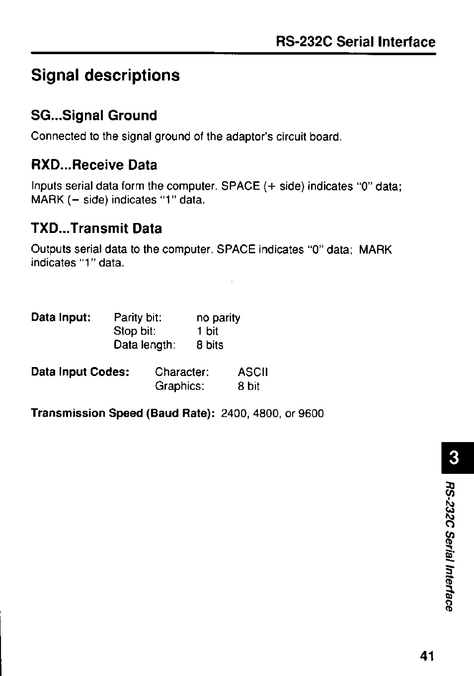 Rxd...receive data, Txd...transmit data, Data input codes | Signal descriptions, Rs-232c serial interface, Sg...signal ground | Panasonic KX-RC22 User Manual | Page 41 / 48