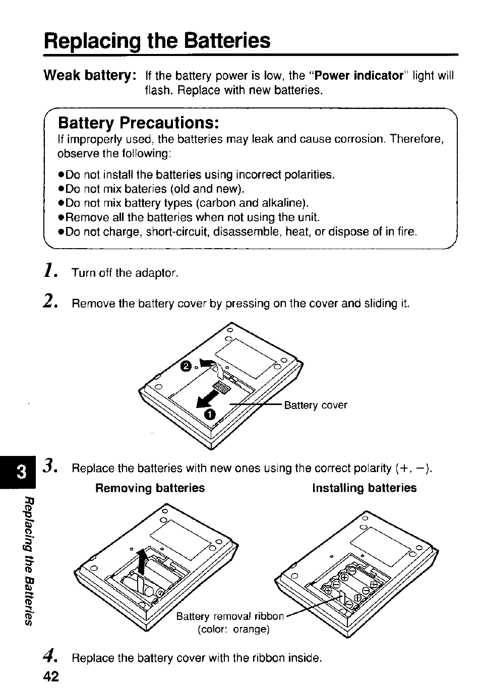 Replacing the batteries, Battery precautions | Panasonic KX-RC22 User Manual | Page 42 / 48