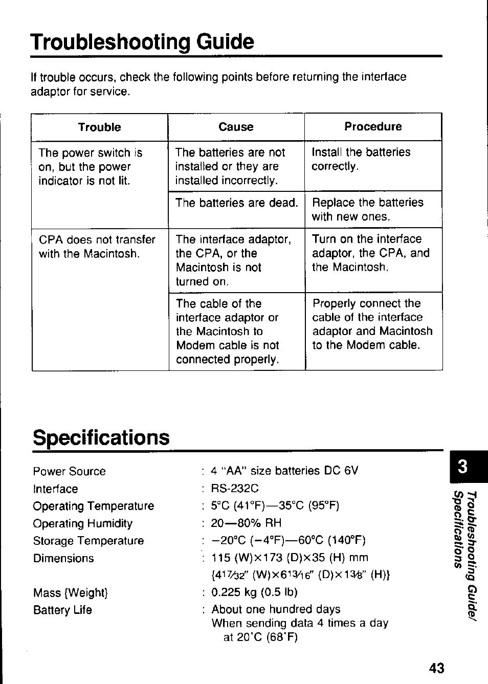 Troubleshooting guide, Specifications, Troubleshooting guide specifications | Panasonic KX-RC22 User Manual | Page 43 / 48
