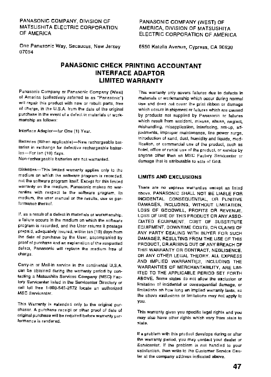 Limits and exclusions | Panasonic KX-RC22 User Manual | Page 47 / 48