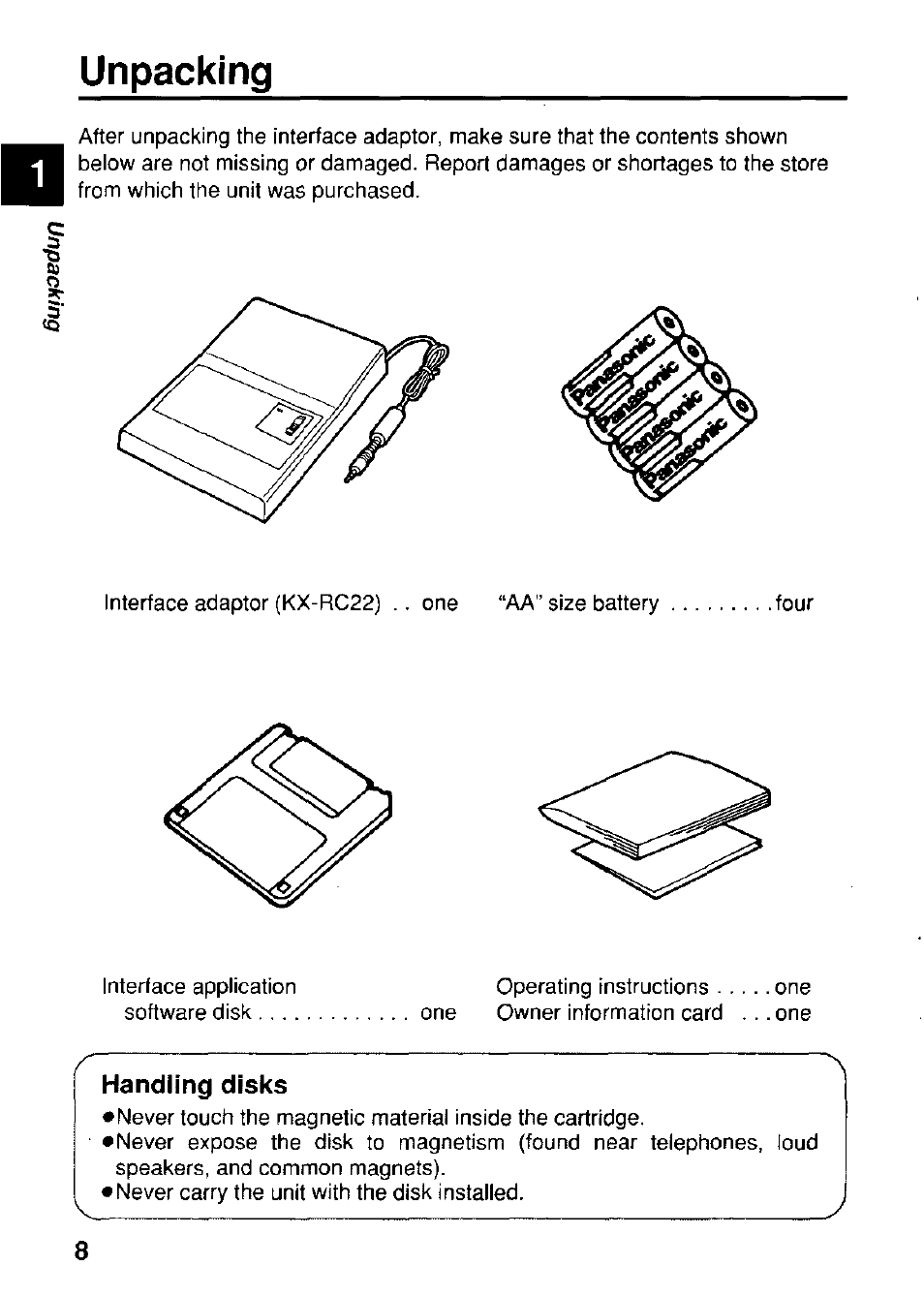 Unpacking, Handling disks | Panasonic KX-RC22 User Manual | Page 8 / 48