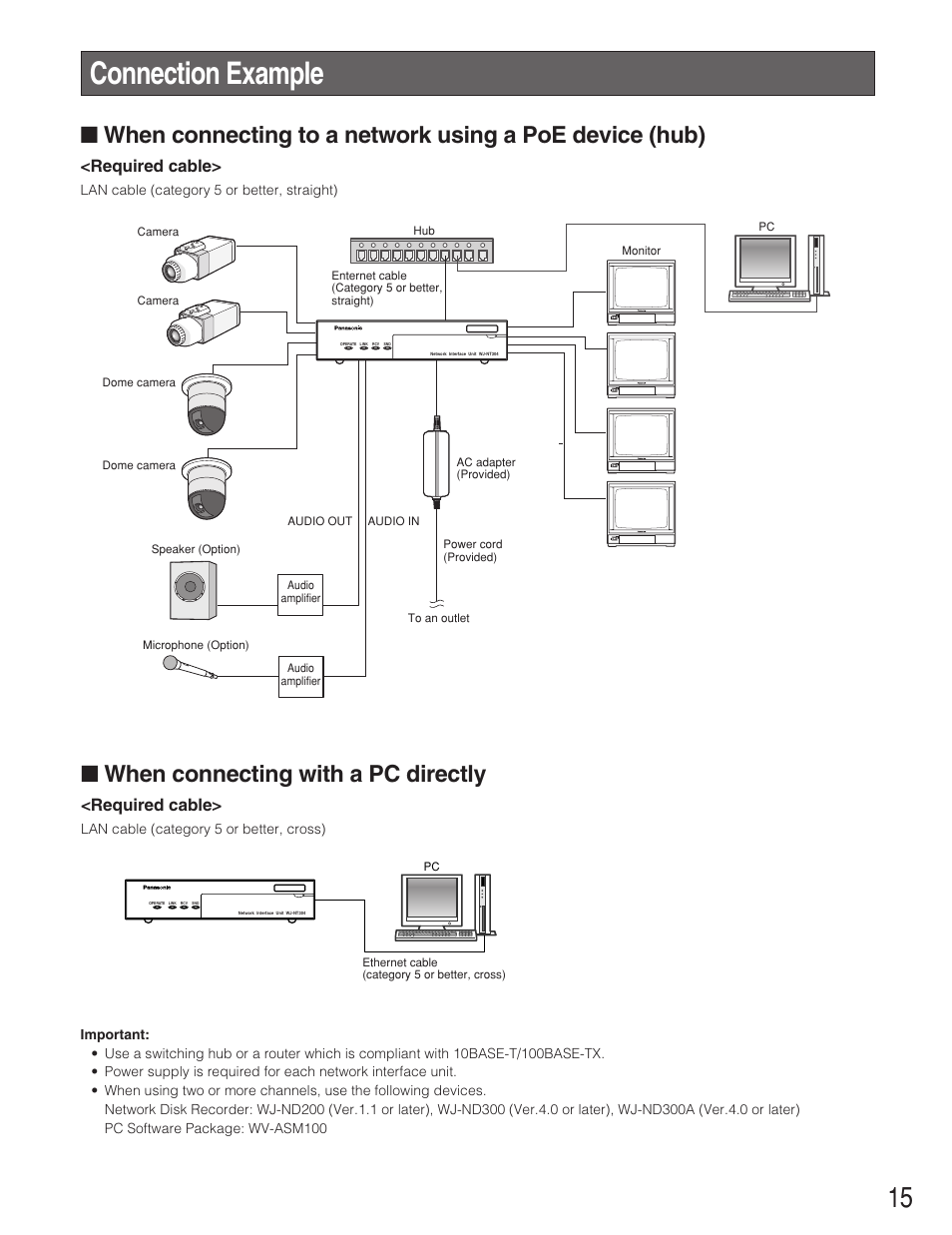 Connection example, When connecting with a pc directly, Required cable | Panasonic WJ-NT304  EN User Manual | Page 15 / 20