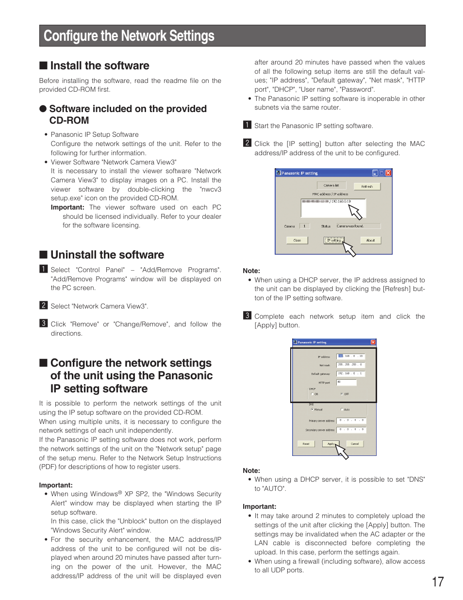 Configure the network settings, Install the software, Uninstall the software | Software included on the provided cd-rom | Panasonic WJ-NT304  EN User Manual | Page 17 / 20