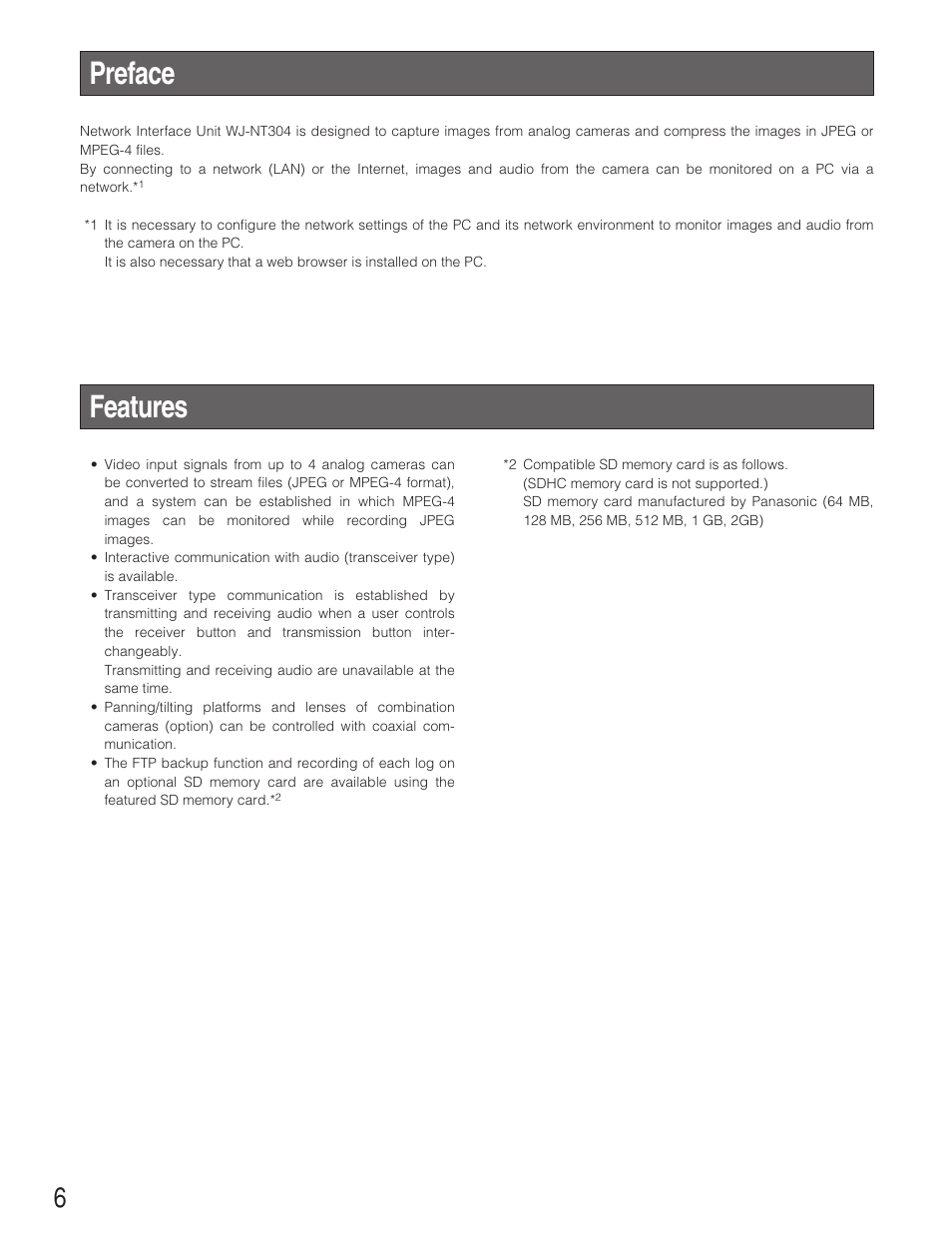 Preface features | Panasonic WJ-NT304  EN User Manual | Page 6 / 20