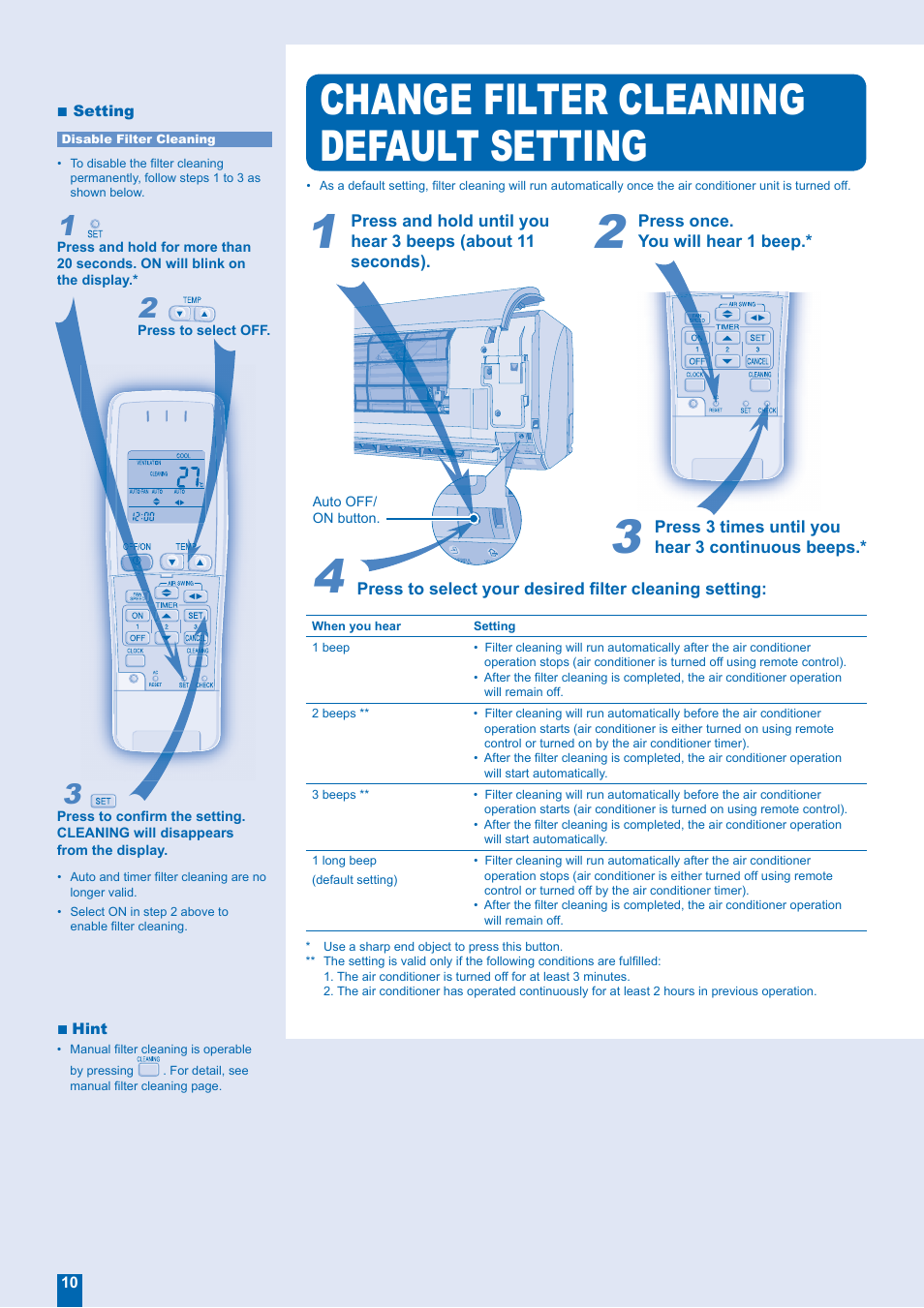 Change filter cleaning default setting | Panasonic CS-XE12EKE User Manual | Page 10 / 20