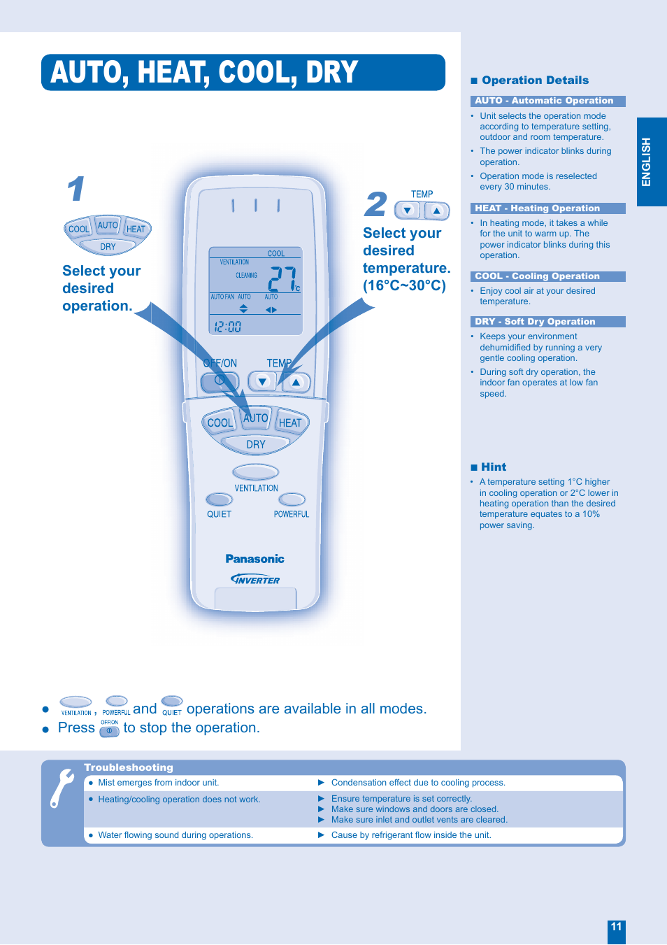Auto, heat, cool, dry | Panasonic CS-XE12EKE User Manual | Page 11 / 20