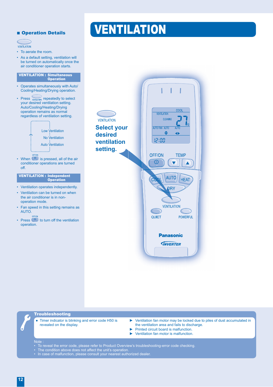 Ventilation, Select your desired ventilation setting | Panasonic CS-XE12EKE User Manual | Page 12 / 20