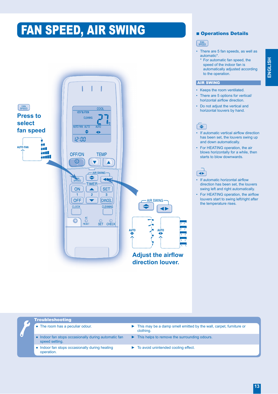 Fan speed, air swing | Panasonic CS-XE12EKE User Manual | Page 13 / 20