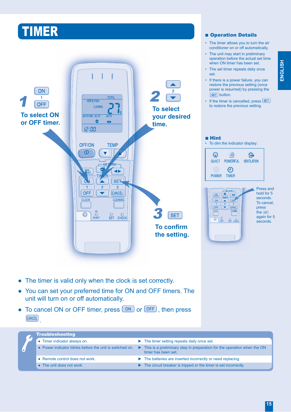 Timer | Panasonic CS-XE12EKE User Manual | Page 15 / 20