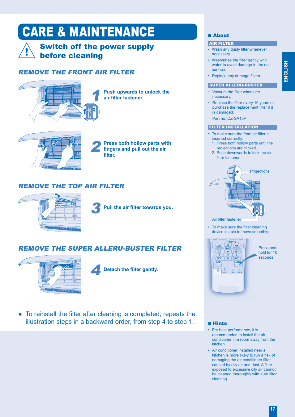 Care & maintenance | Panasonic CS-XE12EKE User Manual | Page 17 / 20