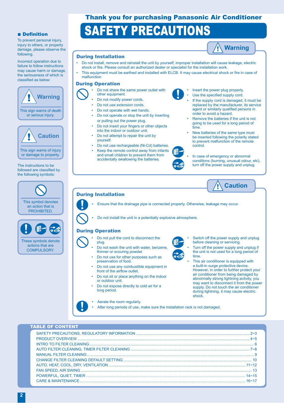 Safety precautions, Warning, Warning caution | Panasonic CS-XE12EKE User Manual | Page 2 / 20