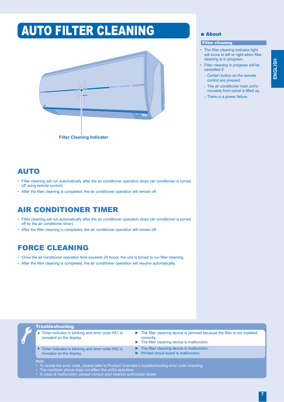 Auto filter cleaning, Auto, Air conditioner timer | Force cleaning | Panasonic CS-XE12EKE User Manual | Page 7 / 20