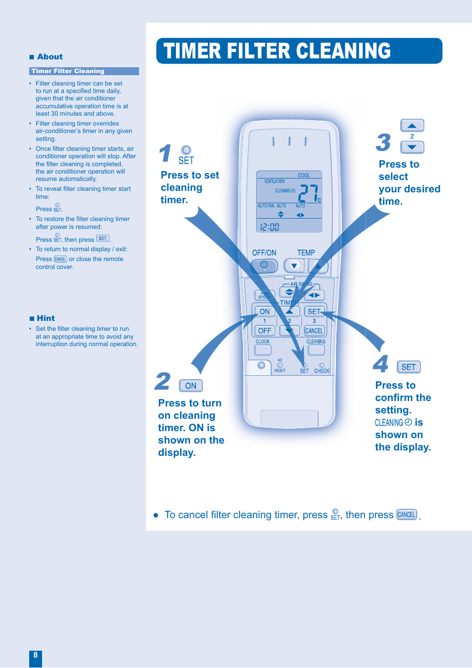Timer filter cleaning | Panasonic CS-XE12EKE User Manual | Page 8 / 20