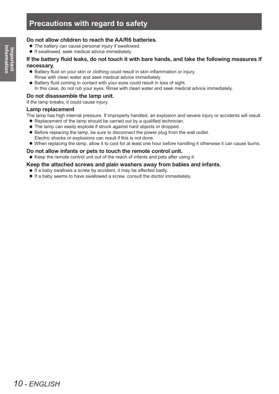 Precautions with regard to safety, English | Panasonic PT-DW8300U User Manual | Page 10 / 129