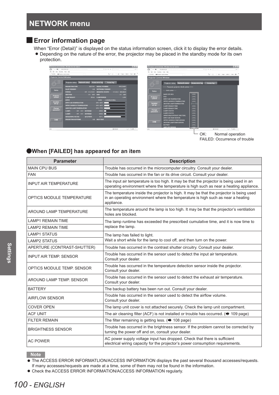 Network menu, English, Error information page | When [failed] has appeared for an item | Panasonic PT-DW8300U User Manual | Page 100 / 129