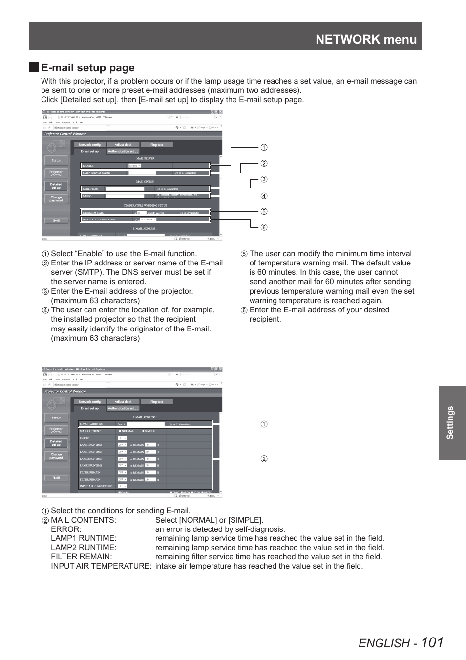 Network menu, English, E-mail setup page | Panasonic PT-DW8300U User Manual | Page 101 / 129