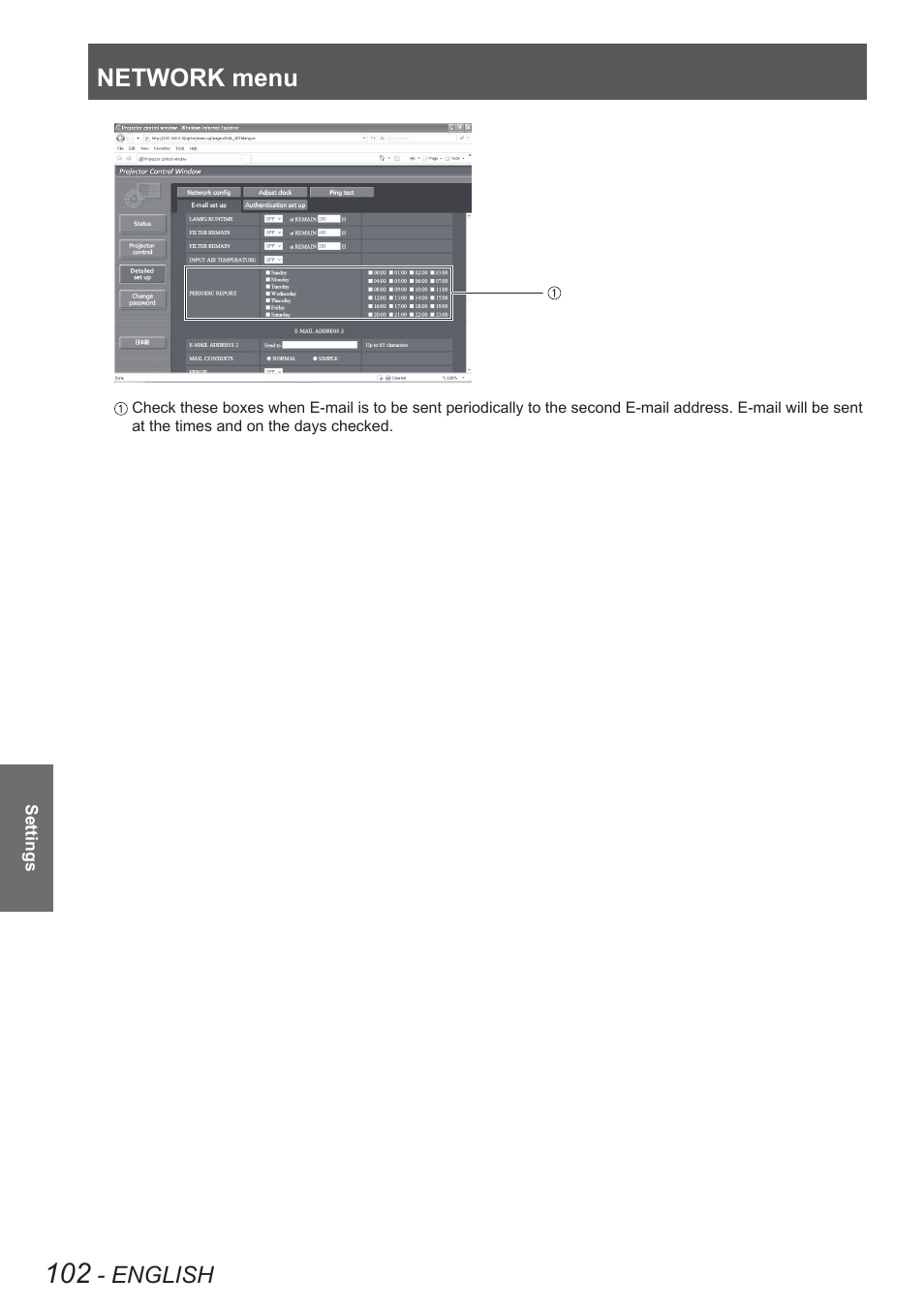 Network menu | Panasonic PT-DW8300U User Manual | Page 102 / 129