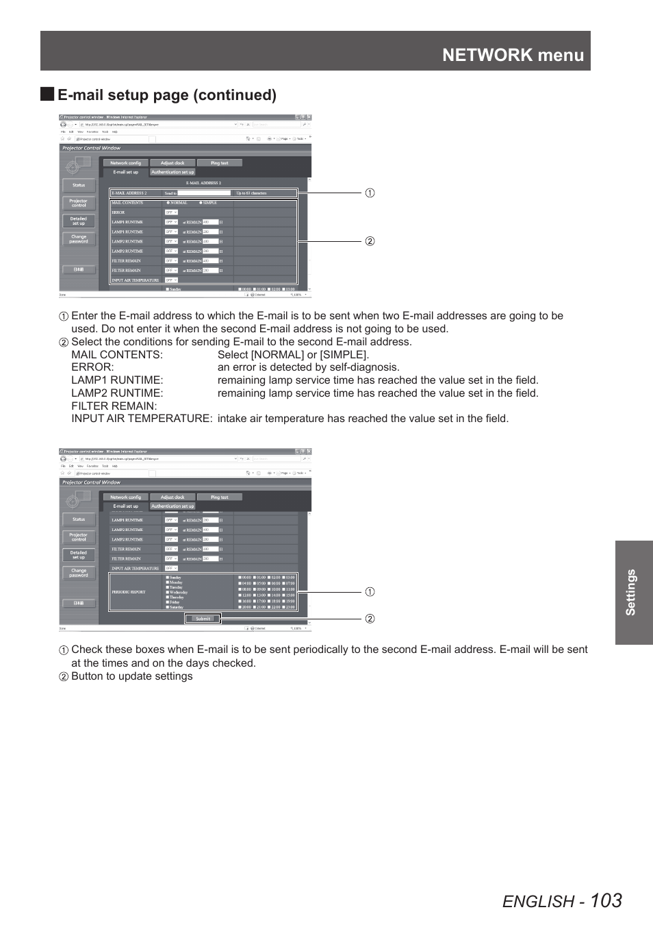 Network menu, English, E-mail setup page (continued) | Panasonic PT-DW8300U User Manual | Page 103 / 129