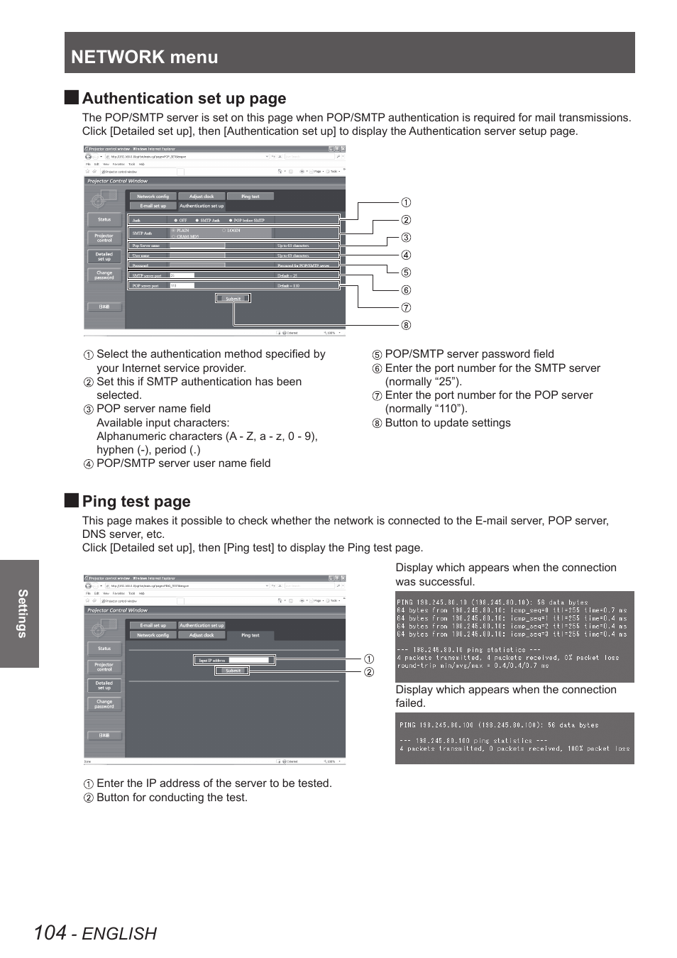 Network menu, English, Authentication set up page | Ping test page | Panasonic PT-DW8300U User Manual | Page 104 / 129