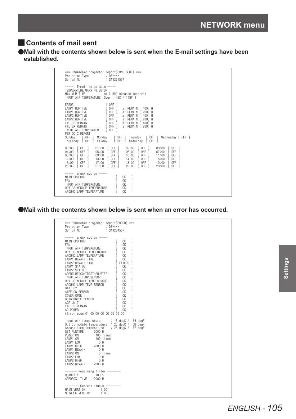 Network menu, English, Contents of mail sent | Panasonic PT-DW8300U User Manual | Page 105 / 129