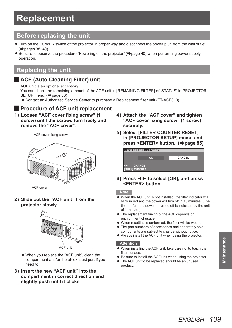 Replacement, Before replacing the unit, Replacing the unit | Before replacing the unit replacing the unit, English, Acf (auto cleaning filter) unit, Procedure of acf unit replacement | Panasonic PT-DW8300U User Manual | Page 109 / 129