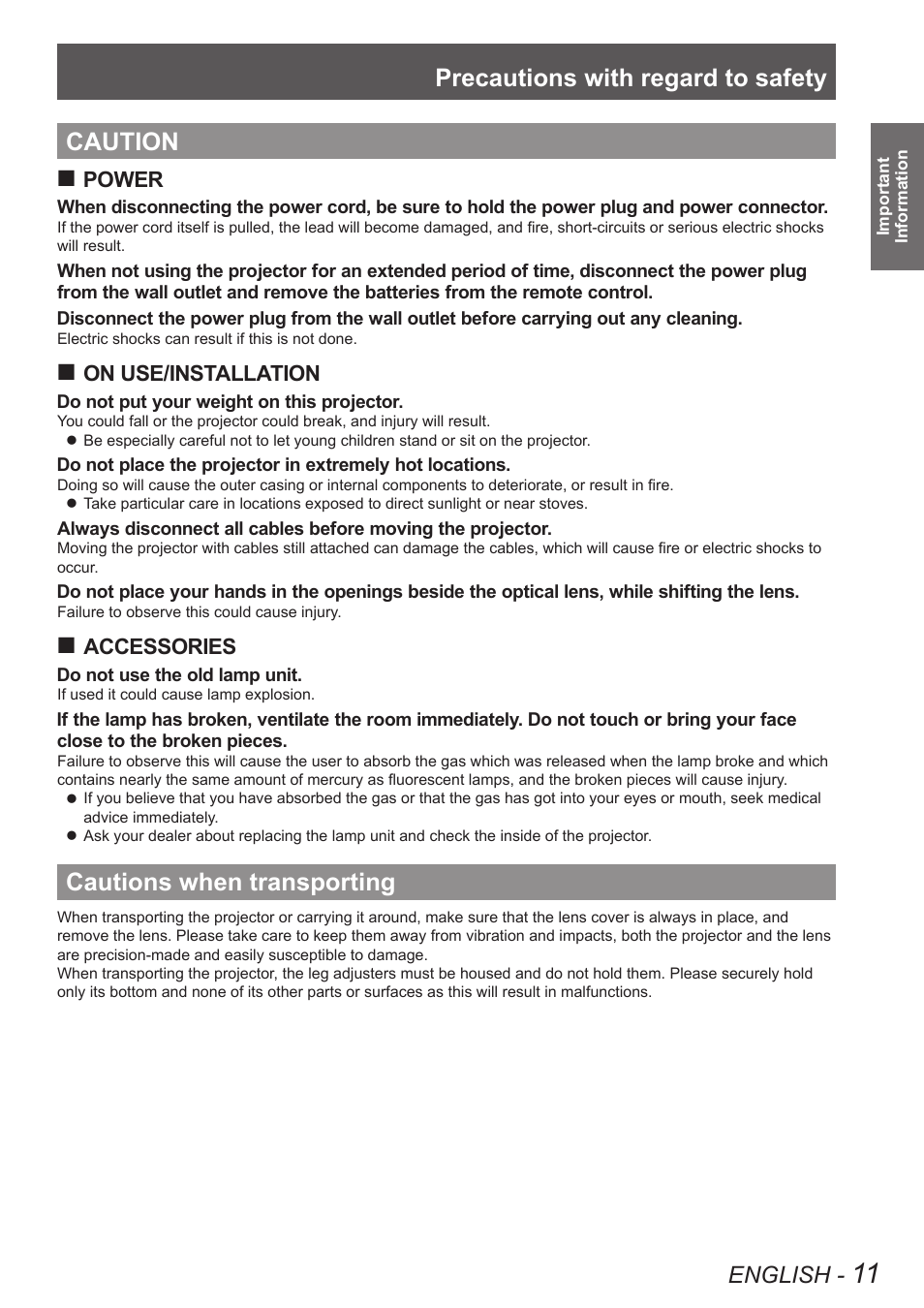 Caution, Cautions when transporting, Caution cautions when transporting | Precautions with regard to safety, English, Power, On use/installation, Accessories | Panasonic PT-DW8300U User Manual | Page 11 / 129