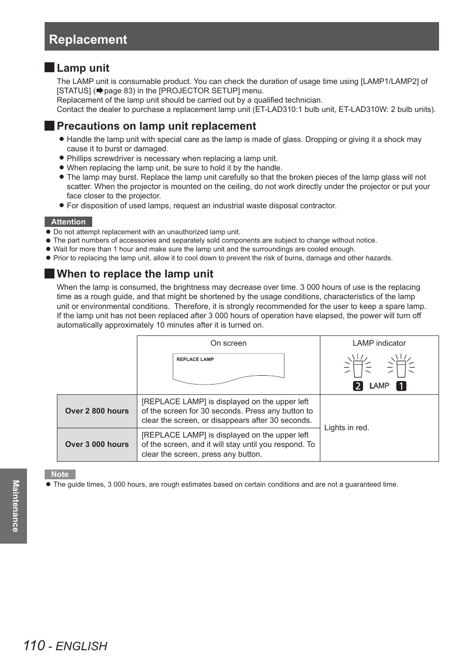 Replacement, English, Lamp unit | Precautions on lamp unit replacement, When to replace the lamp unit | Panasonic PT-DW8300U User Manual | Page 110 / 129