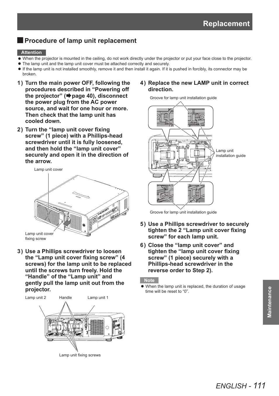 Replacement, English, Procedure of lamp unit replacement | Panasonic PT-DW8300U User Manual | Page 111 / 129