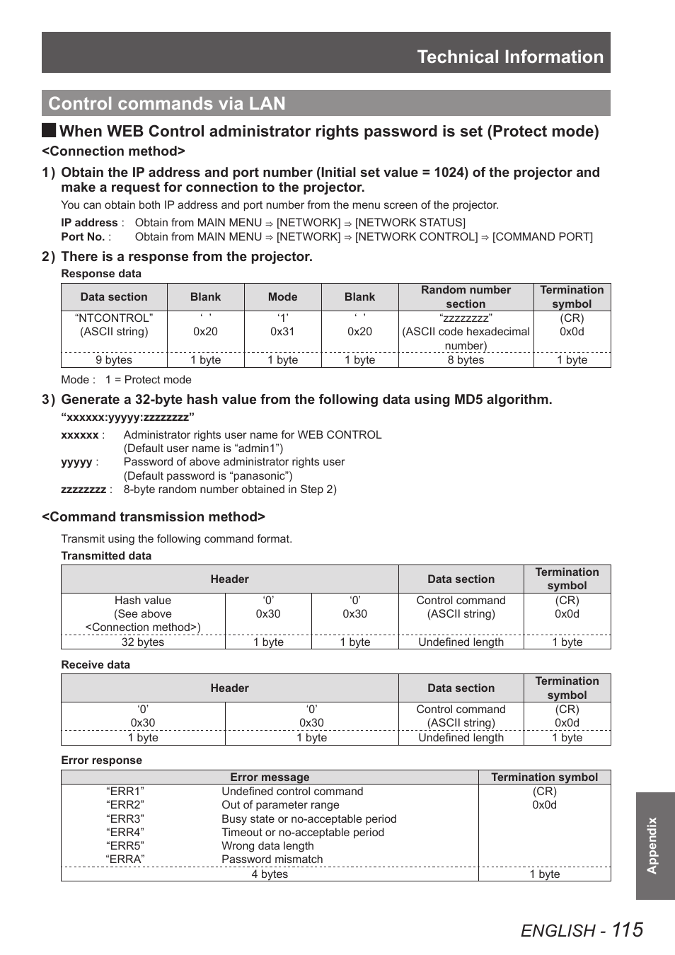 Control commands via lan, Technical information, English | Panasonic PT-DW8300U User Manual | Page 115 / 129