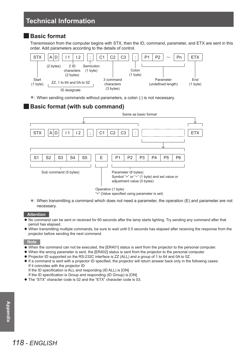 Technical information, English, Basic format | Basic format (with sub command) | Panasonic PT-DW8300U User Manual | Page 118 / 129