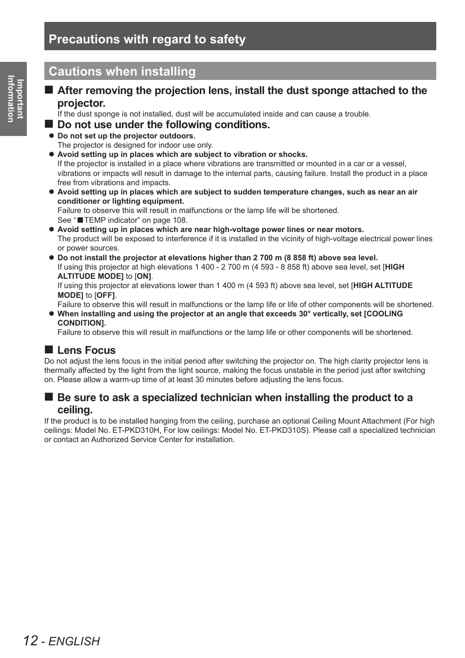 Cautions when installing, Precautions with regard to safety, English | Do not use under the following conditions, Lens focus | Panasonic PT-DW8300U User Manual | Page 12 / 129