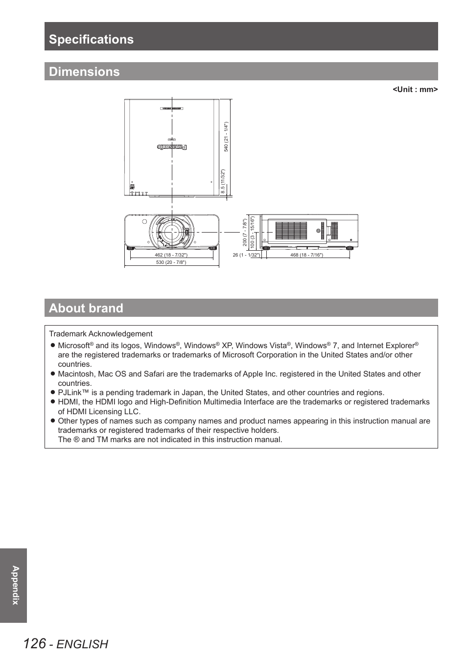 Dimensions, About brand, Dimensions about brand | Specifications, English | Panasonic PT-DW8300U User Manual | Page 126 / 129