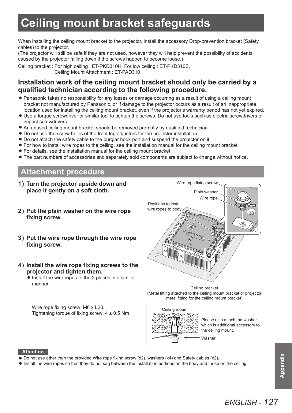 Ceiling mount bracket safeguards, Attachment procedure, English | Panasonic PT-DW8300U User Manual | Page 127 / 129