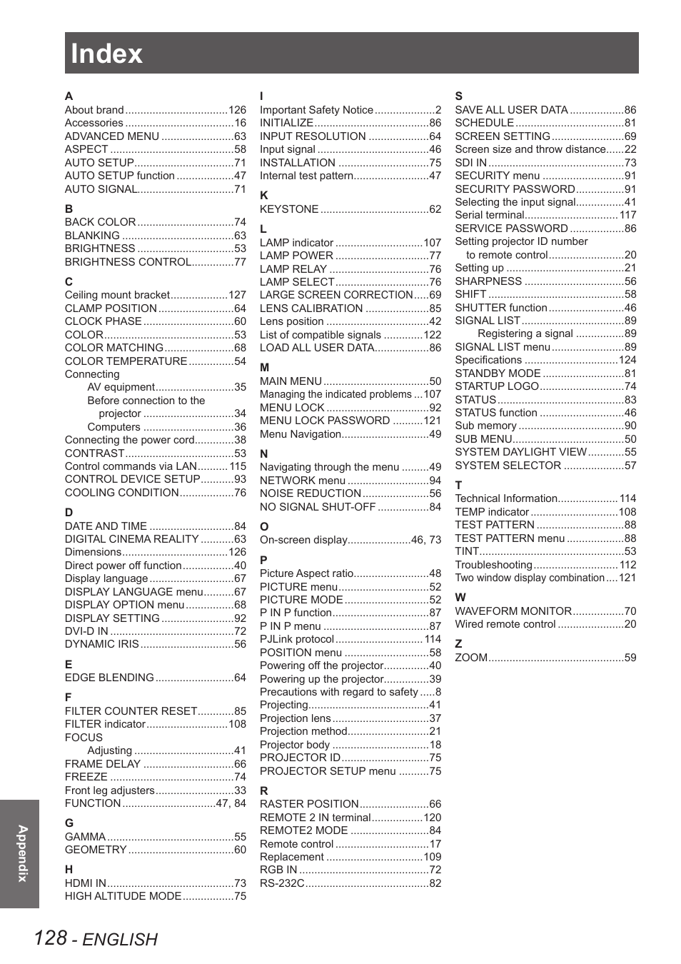 Index, English | Panasonic PT-DW8300U User Manual | Page 128 / 129
