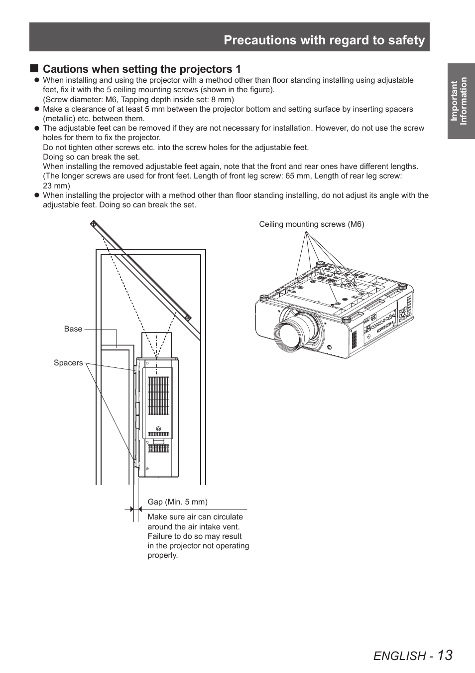 Precautions with regard to safety, English, Cautions when setting the projectors 1 | Panasonic PT-DW8300U User Manual | Page 13 / 129