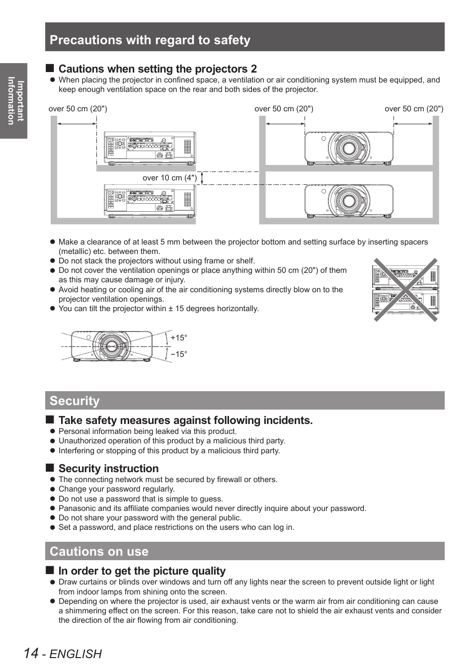 Security, Cautions on use, Security cautions on use | Precautions with regard to safety, English, Cautions when setting the projectors 2, Take safety measures against following incidents, Security instruction | Panasonic PT-DW8300U User Manual | Page 14 / 129