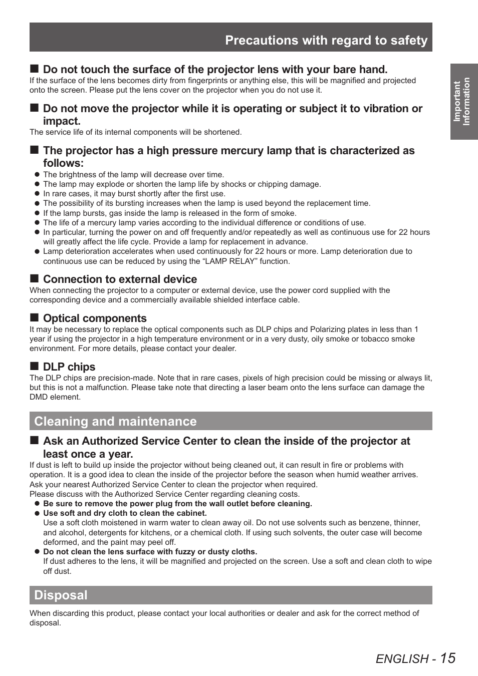 Cleaning and maintenance, Disposal, Cleaning and maintenance disposal | Precautions with regard to safety, English, Connection to external device, Optical components, Dlp chips | Panasonic PT-DW8300U User Manual | Page 15 / 129