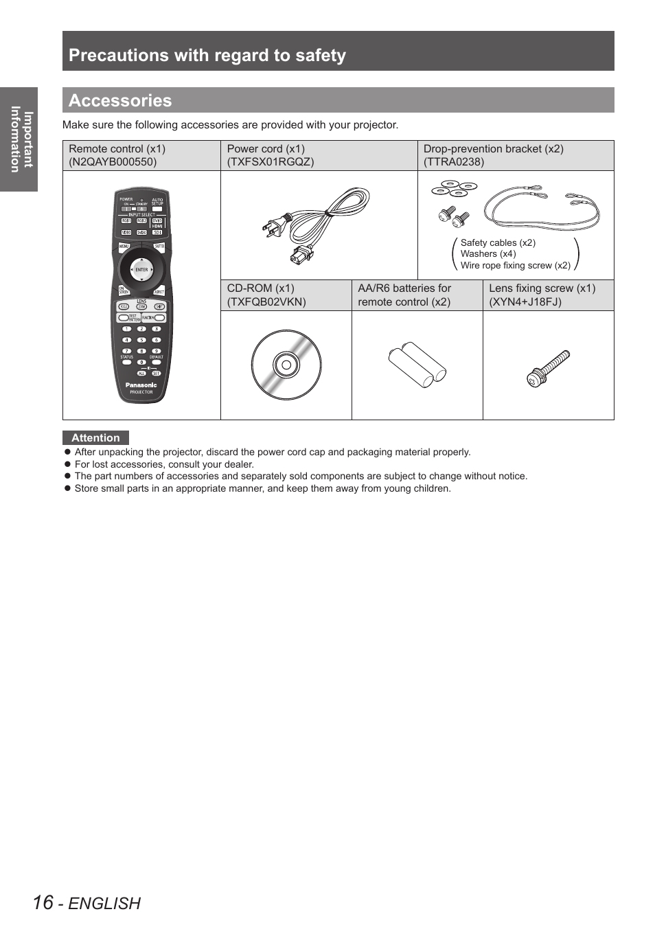 Accessories, Precautions with regard to safety, English | Panasonic PT-DW8300U User Manual | Page 16 / 129