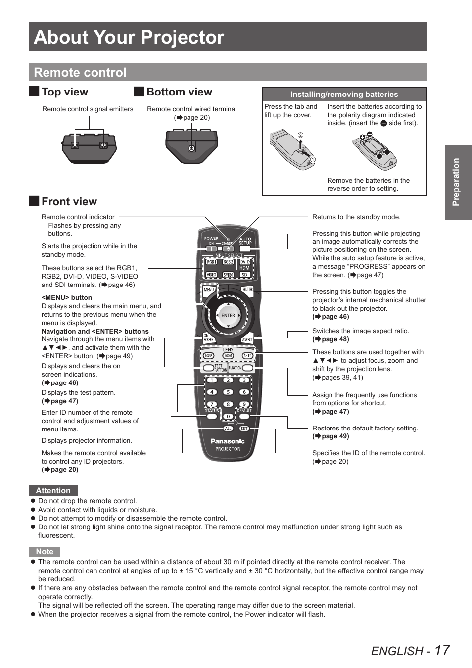 Preparation, About your projector, Remote control | English, Top view, Front view, Bottom view | Panasonic PT-DW8300U User Manual | Page 17 / 129