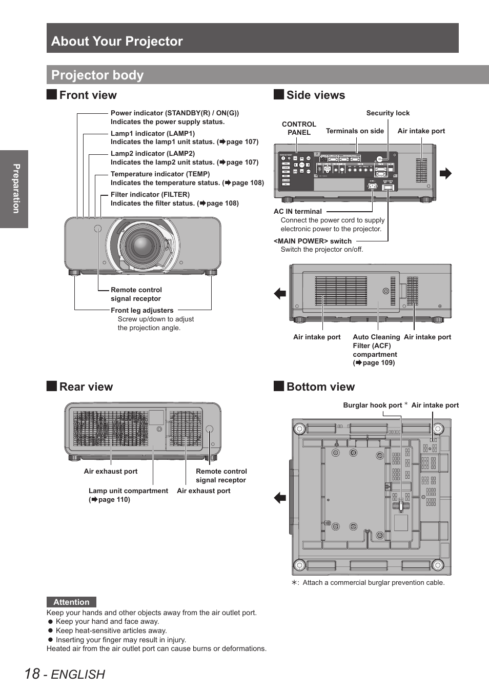 Projector body, About your projector, English | Front view side views, Rear view, Bottom view | Panasonic PT-DW8300U User Manual | Page 18 / 129