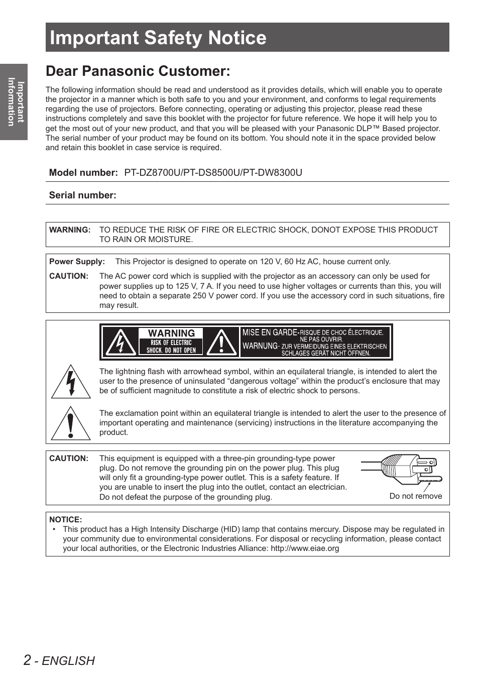 Important information, Important safety notice, Dear panasonic customer | English | Panasonic PT-DW8300U User Manual | Page 2 / 129