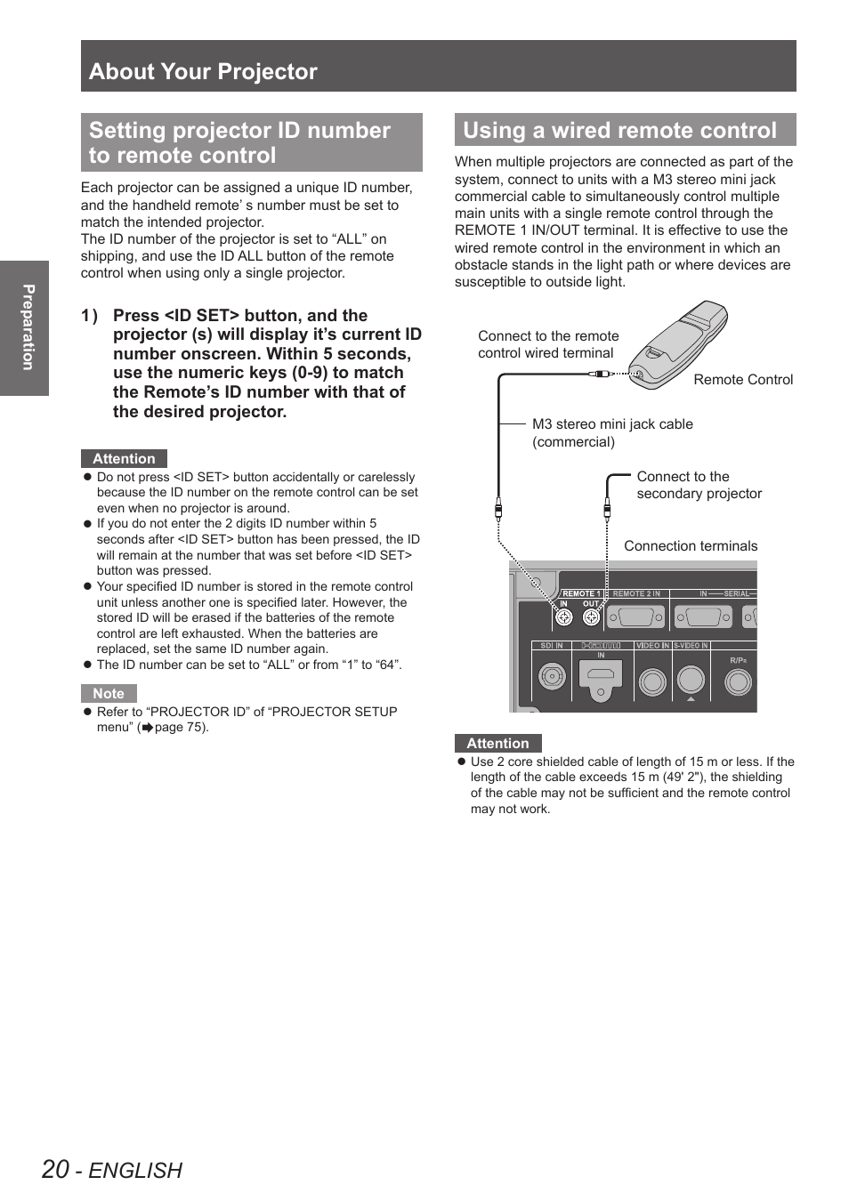 Setting projector id number to remote control, Using a wired remote control, About your projector | English | Panasonic PT-DW8300U User Manual | Page 20 / 129