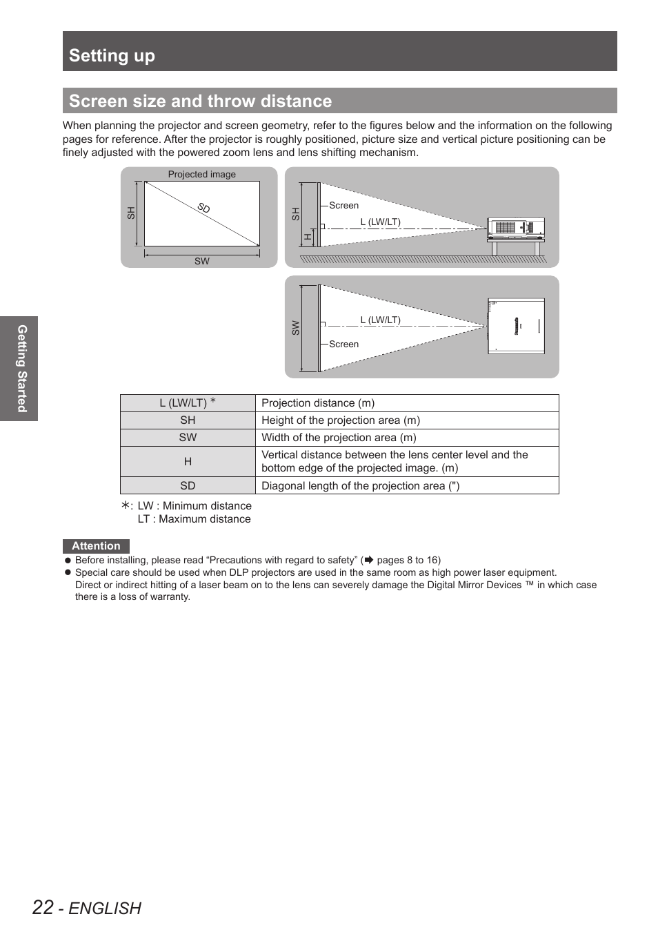 Screen size and throw distance, Setting up, English | Panasonic PT-DW8300U User Manual | Page 22 / 129