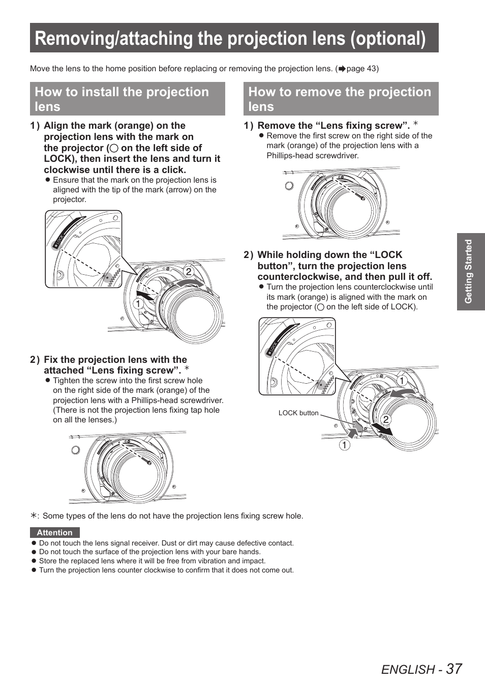 Removing/attaching the projection lens (optional), How to install the projection lens, How to remove the projection lens | Removing/attaching the projection lens, Optional), English | Panasonic PT-DW8300U User Manual | Page 37 / 129